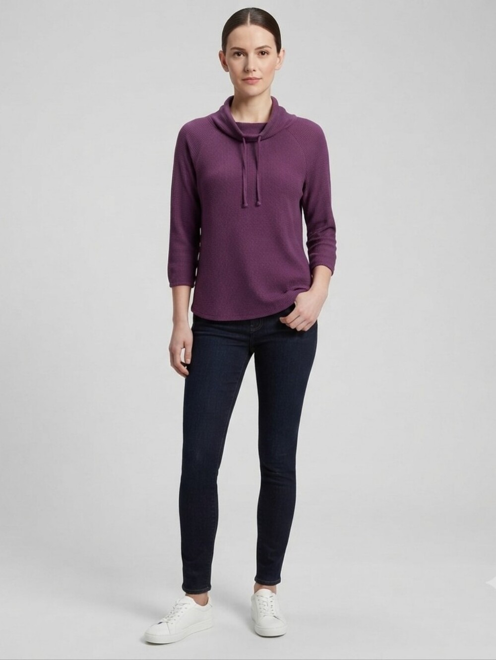 Gibson Purple Waffle Knitted 3/4 Sleeve Drawstring Collar Sweatshirt Size Large